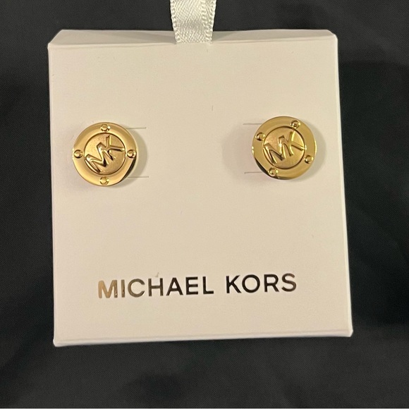NWT Michael Kors Gold Toned Logo Button Stud Earrings - Picture 1 of 4